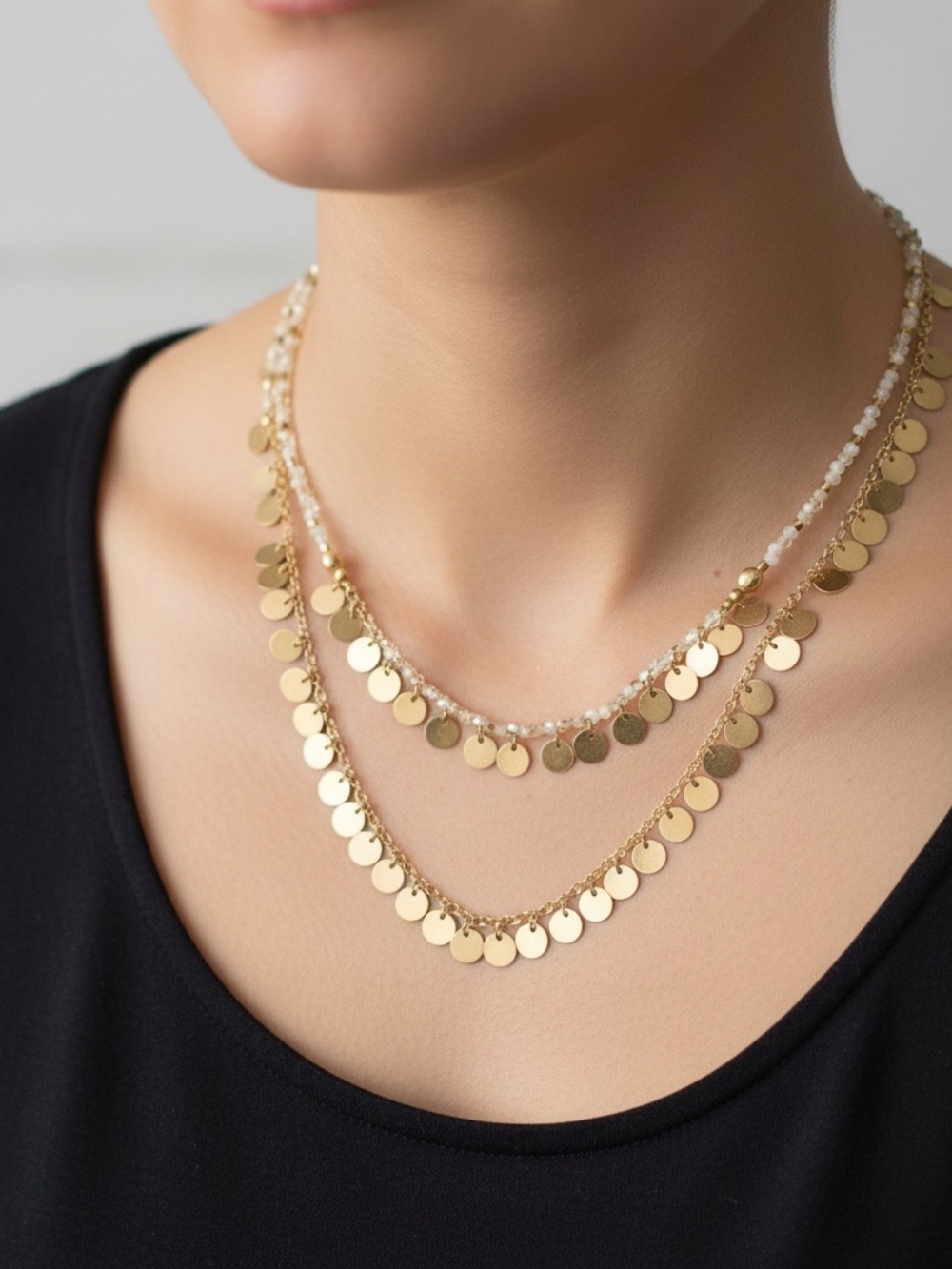 New Marilyn Schiff Gold Layered Disc & Faceted Bead Necklace